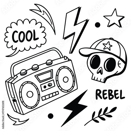 Cool rebel skull and boombox doodle with lightning and stars