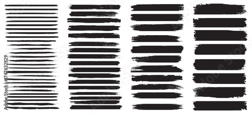 set of grunge black paint, ink brush strokes. brush collection isolated on white background. Trendy brush stroke for black ink paint, grunge backdrop, dirt banner, watercolor design and dirty texture