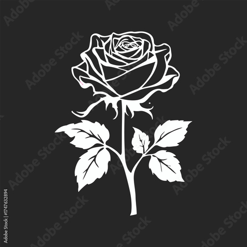 beautiful detailed single rose flower blossom with stem and leaves white outline minimal vector illustration.
