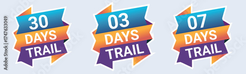 Colorful banners displaying trial periods with day counts prominently featured