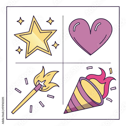 Four Cartoon Party Icons In Grid Format Keywords: party, celebration, confetti, popper, sparkler