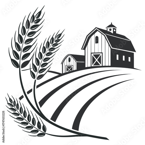 Monochrome farm scene with wheat field and barns vector illustration