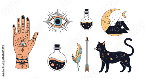 Mysterious occult symbols including a hand with an eye an all seeing eye potions an arrow a feather a crescent moon with mountains and a mystical cat.