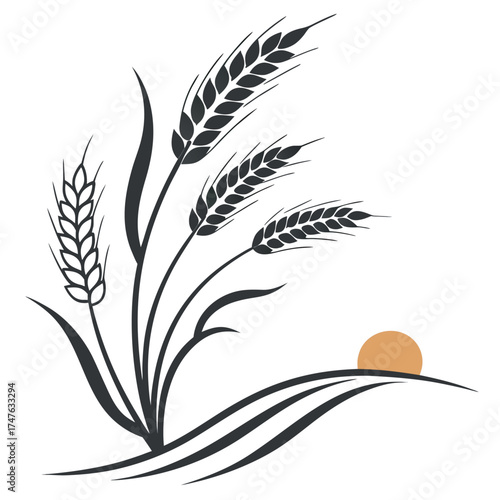 Wheat field silhouette with rising sun minimalist design vector illustration