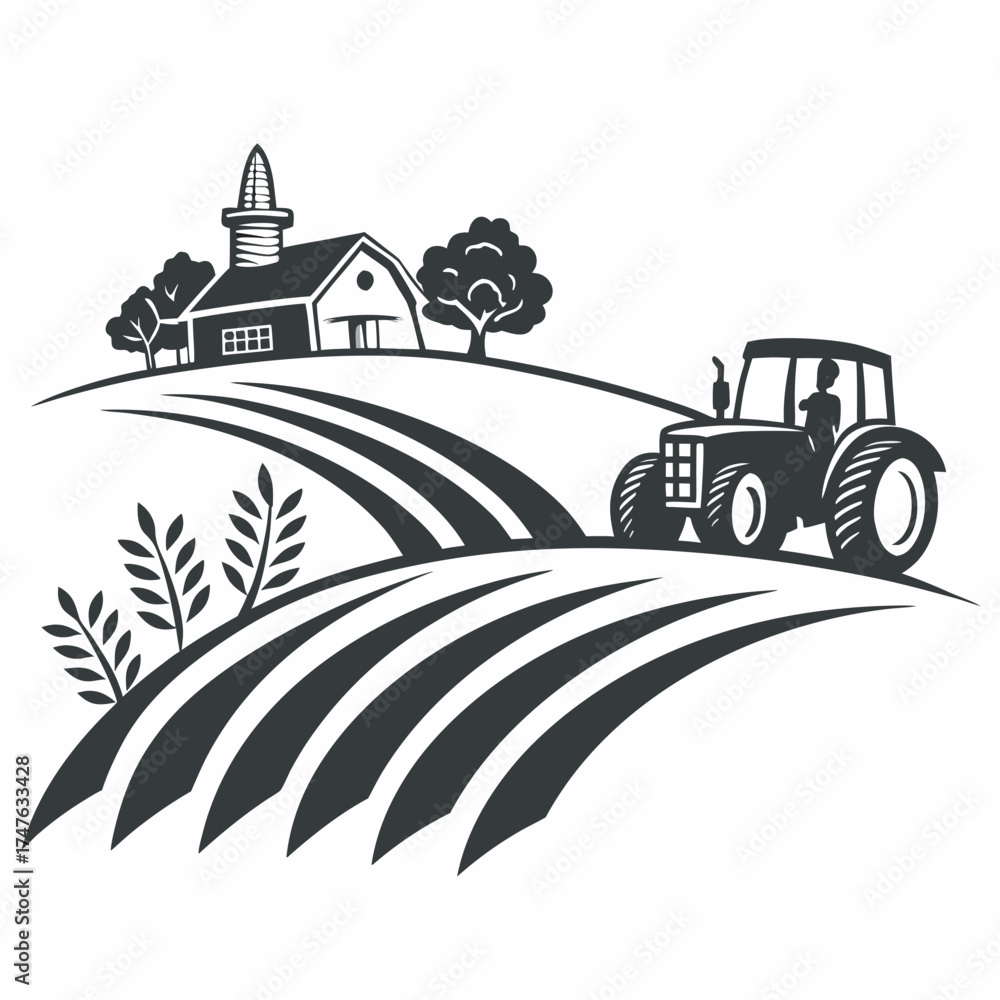 Naklejka premium Monochrome vector illustration of tractor working on farm with barn