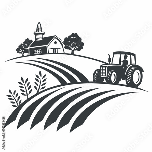 Monochrome vector illustration of tractor working on farm with barn