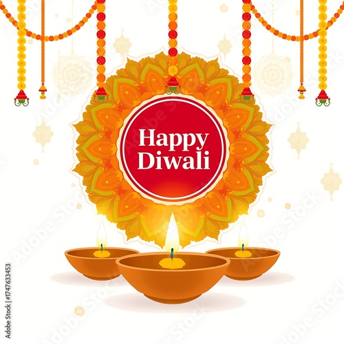 Traditional indian festival of lights diwali celebration with glowing diyas and floral rangoli decoration