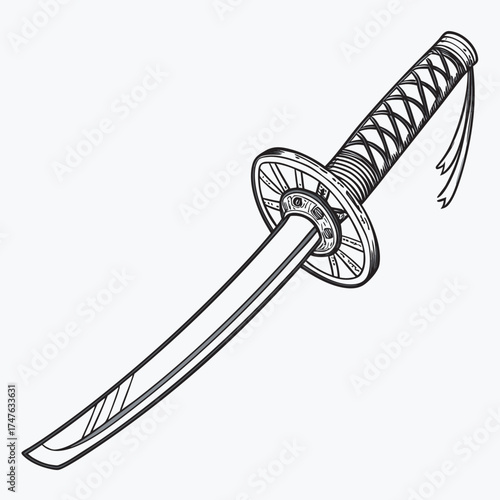 Traditional japanese katana sword detailed outline illustration for martial arts concepts