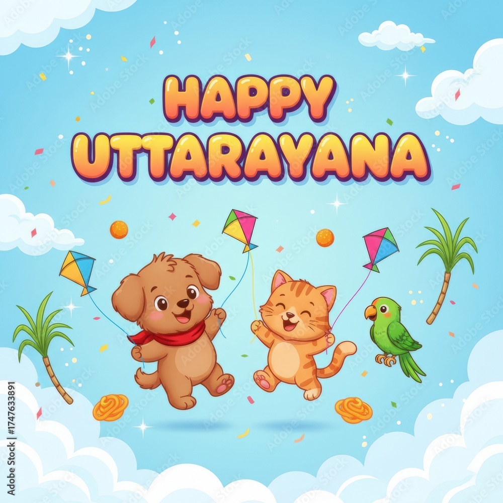 Obraz premium Cartoon dog, cat and parrot flying kites on Uttarayana festival with palm trees kite flying