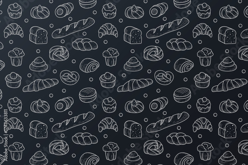 Charming hand drawn seamless pattern of bakery treats and ingredients