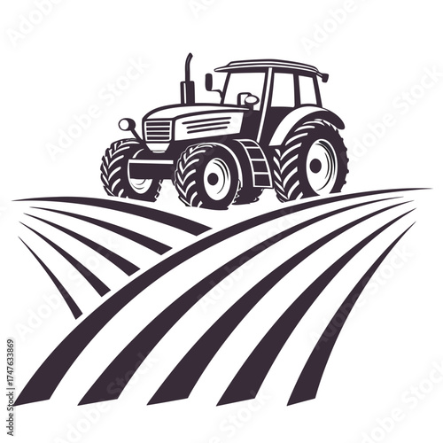Monochrome tractor illustration on farm field agriculture concept vector art