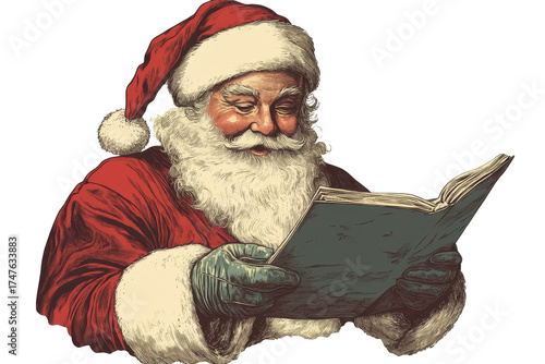 Santa Claus checks his nice and naughty list in a vintage illustration celebrating holiday traditions and joy during the Christmas season