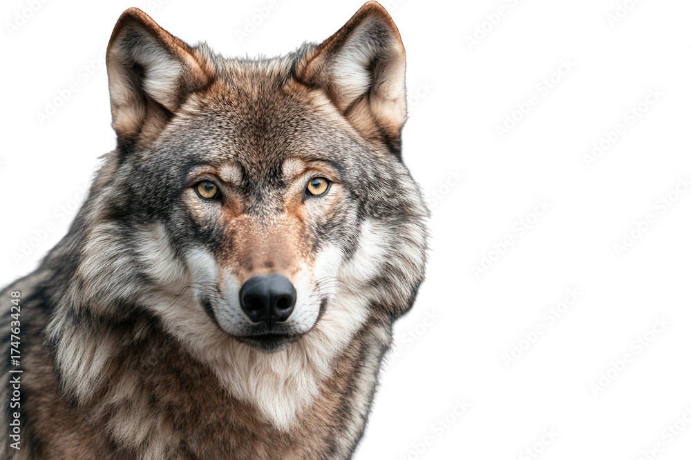 Fototapeta premium Close up view of a gray wolf displaying its sharp features and intense gaze in a calm setting, highlighting the beauty of wildlife and the spirit of nature