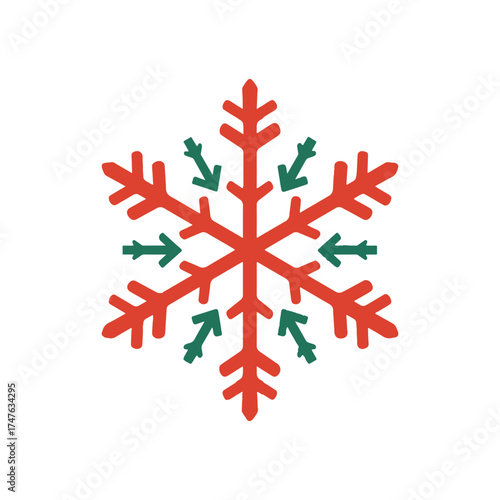 christmas winter holiday abstract snowflake symbol with inward compressing arrows red and green vector icon.