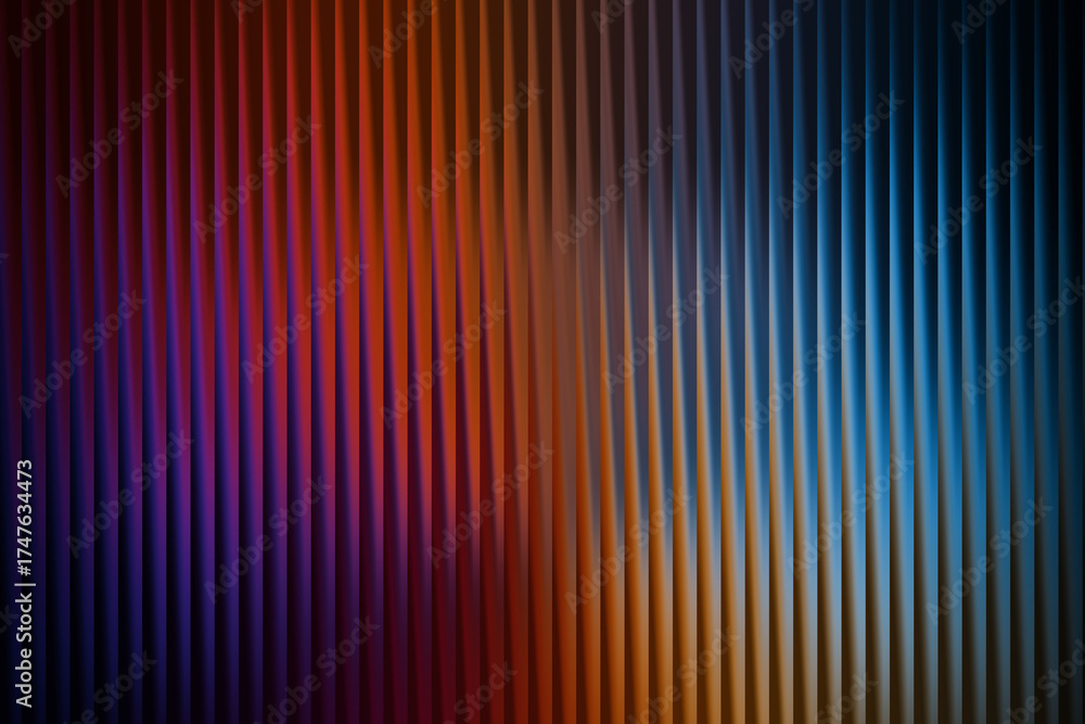 Obraz premium Abstract background with vertical ribbed texture and a gradient of deep purple, magenta, warm orange, and cool blue hues, creating a dynamic and modern visual effect