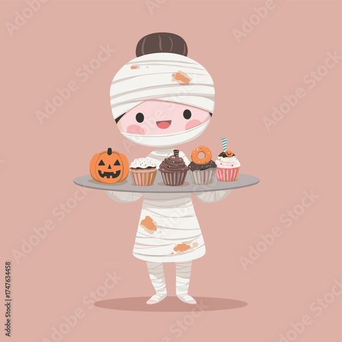cute mummy baker with tray of Halloween donuts and jack-o-lantern cupcakes, flour smudges and bandages, kawaii flat vector illustration