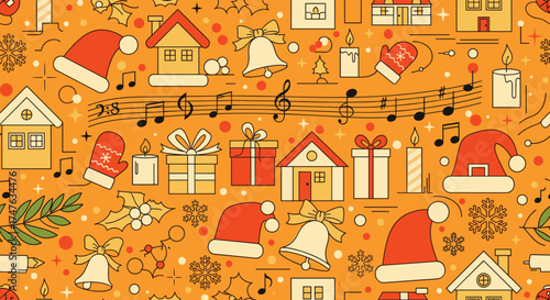 A whimsical festive pattern featuring charming Christmas icons and musical notes.