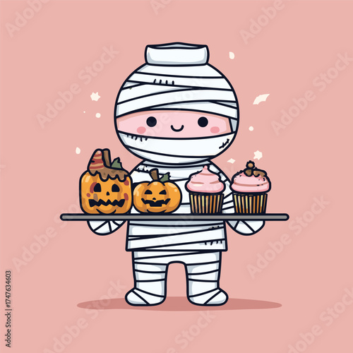 cute mummy baker with tray of Halloween donuts and jack-o-lantern cupcakes, flour smudges and bandages, kawaii flat vector illustration
