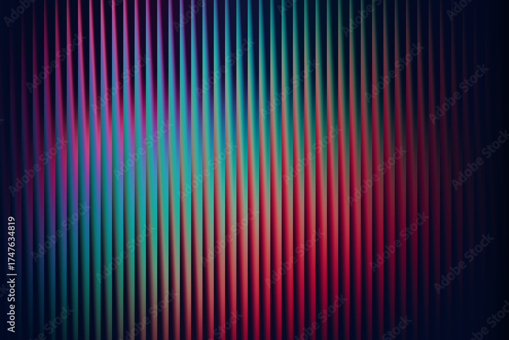 Fototapeta premium Abstract backdrop featuring a vertical ribbed pattern with a striking gradient transitioning from teal and cyan to deep red and magenta, evoking a sense of energy and depth