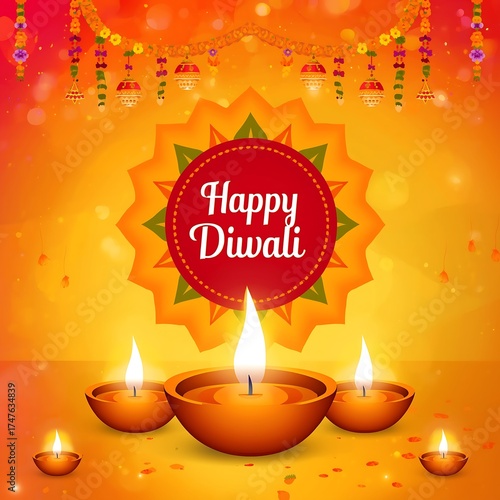 Vibrant happy diwali celebration with glowing oil lamps and traditional indian decorative elements creating a festive atmosphere