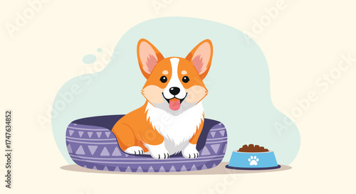 A happy corgi dog sits in its bed next to a food bowl.
