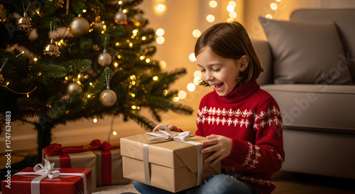 Excited Child Opening Christmas Present by Decorated Tree and Fireplace