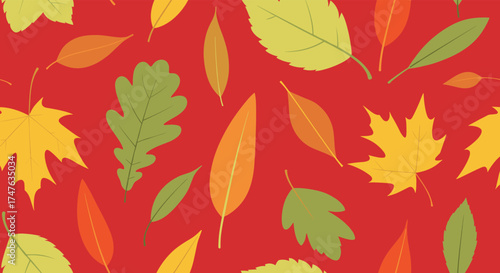 A vibrant collection of autumn leaves in various shapes and colors scattered across a bright red background.