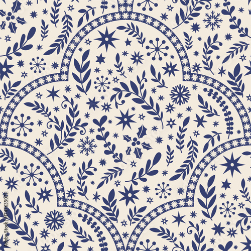 Blue Starry Botanical Arch Pattern