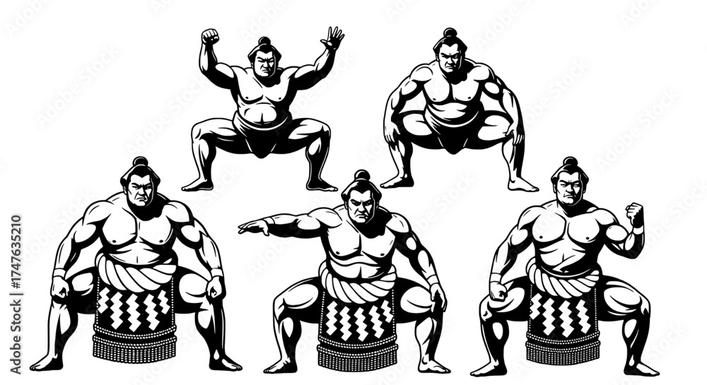 Fototapeta premium Collection of sumo wrestlers in various poses demonstrating strength and traditional stance isolated on white and transparent background