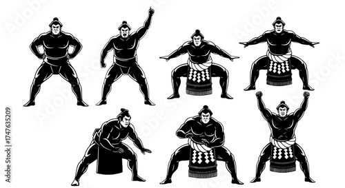 Collection of sumo wrestlers in various poses demonstrating strength and traditional stance isolated on white and transparent background