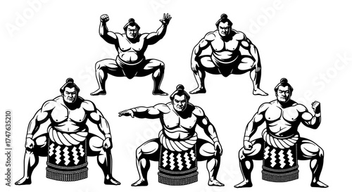 Collection of sumo wrestlers in various poses demonstrating strength and traditional stance isolated on white and transparent background