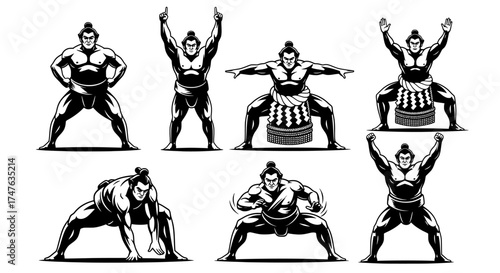 Collection of sumo wrestlers in various poses demonstrating strength and traditional stance isolated on white and transparent background