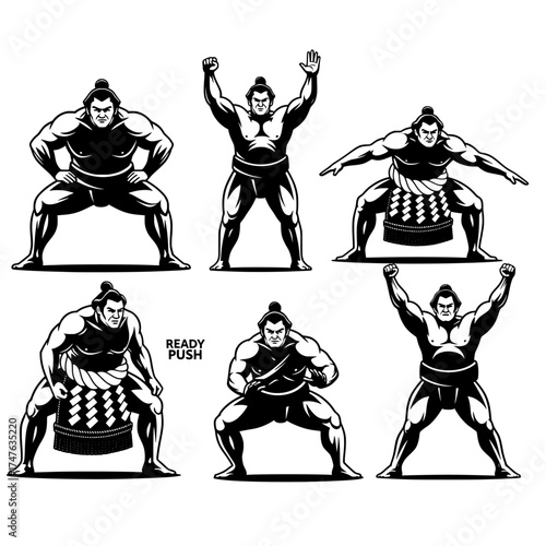 Collection of sumo wrestlers in various poses demonstrating strength and traditional stance isolated on white and transparent background
