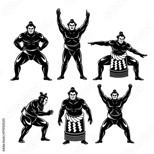 Collection of sumo wrestlers in various poses demonstrating strength and traditional stance isolated on white and transparent background