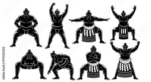 Collection of sumo wrestlers in various poses demonstrating strength and traditional stance isolated on white and transparent background