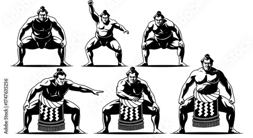 Collection of sumo wrestlers in various poses demonstrating strength and traditional stance isolated on white and transparent background