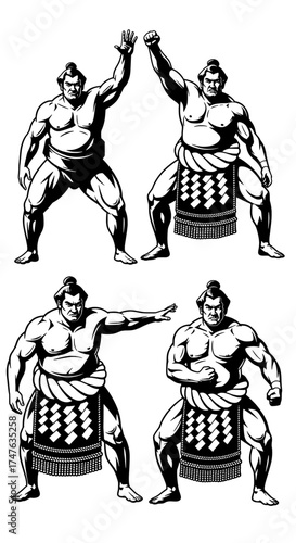 Collection of sumo wrestlers in various poses demonstrating strength and traditional stance isolated on white and transparent background