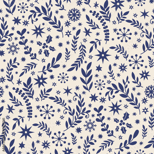 Blue Winter Botanical Star Pattern