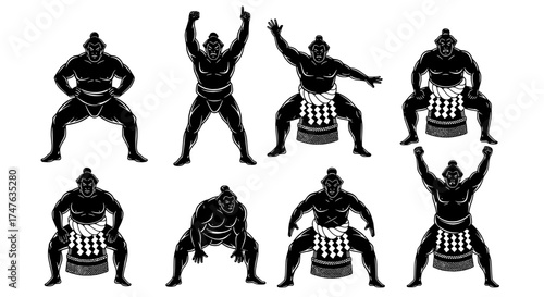 Collection of sumo wrestlers in various poses demonstrating strength and traditional stance isolated on white and transparent background