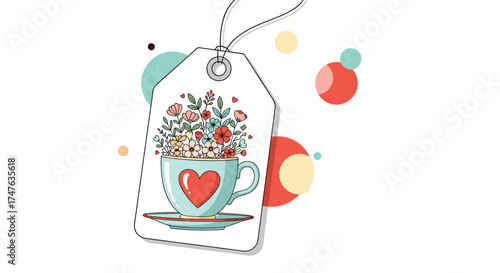 A sweet vintage tag with a teacup full of flowers and a heart on it.
