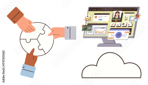 Hands assembling puzzle pieces, a monitor with digital tools, and a cloud. Ideal for collaboration, teamwork, cloud technology, innovation, connectivity problem-solving remote work. Simple flat