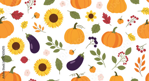 A cheerful autumn harvest pattern featuring pumpkins sunflowers and eggplant.