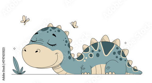 A cute blue dinosaur naps peacefully surrounded by tiny butterflies and delicate plants.