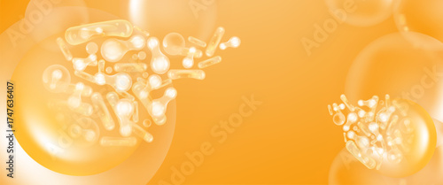 Probiotic and Hyaluronic acid skin solutions ad, gold collagen, and vitamin serum drops, cosmetic advertising background ready to use, illustration vector.