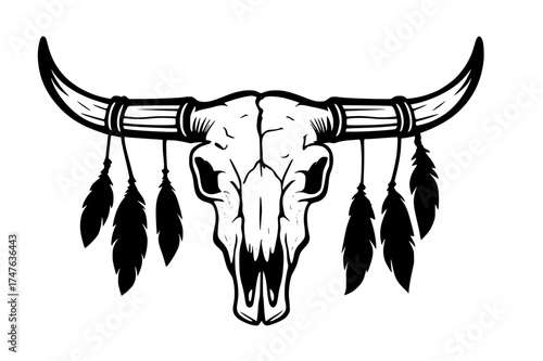 Bull Skull Silhouette with Feathered Horns
