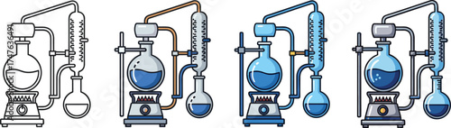 Set of Four Hydrometer in Graduated Cylinder Icons, Vector Illustrations for Science, Chemistry, Liquid Density Measurement, Specific Gravity, and Laboratory Equipment.