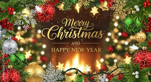 Festive christmas and new year greeting with ornaments and fireplace background glow