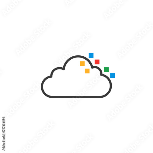 Digital cloud icon with colorful data squares representing cloud computing and technology services.