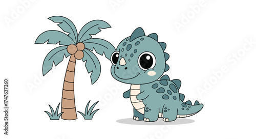 A cute little blue dinosaur stands next to a palm tree with coconuts.