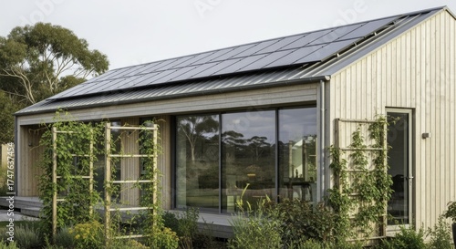 Wallpaper Mural Modern Eco-Friendly House with Solar Panels, Wooden Facade, and Lush Garden in a Natural Landscape Torontodigital.ca